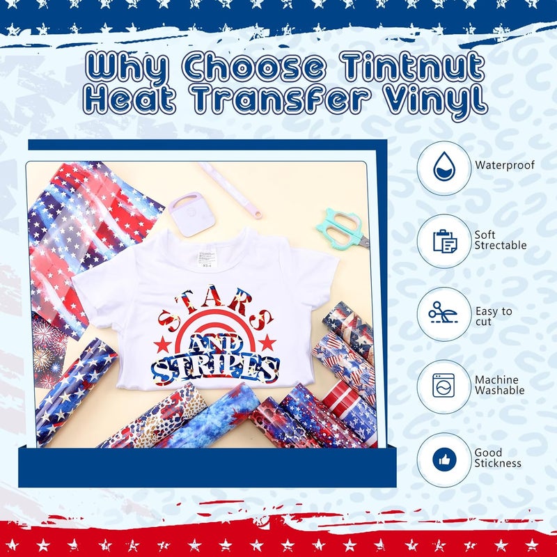 Tintnut 4th of July American Flag - 10pcs 12x10in US Flag Patterned Patriotic HTV Iron On Vinyl Compatible with Cricut/Cameo - Image 3